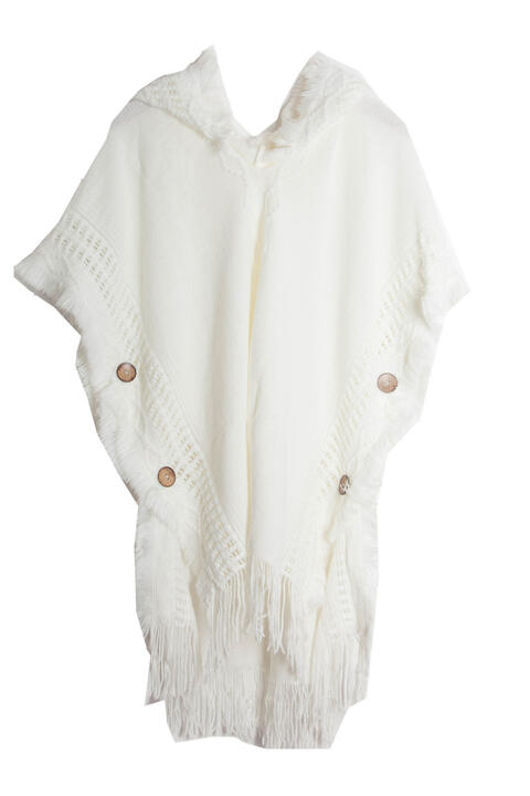 Fringe Hem Hooded Poncho White One Size