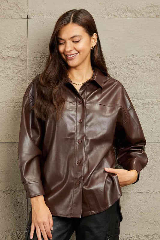 e.Luna Vegan Leather Button Down Shirt Burnt Umber