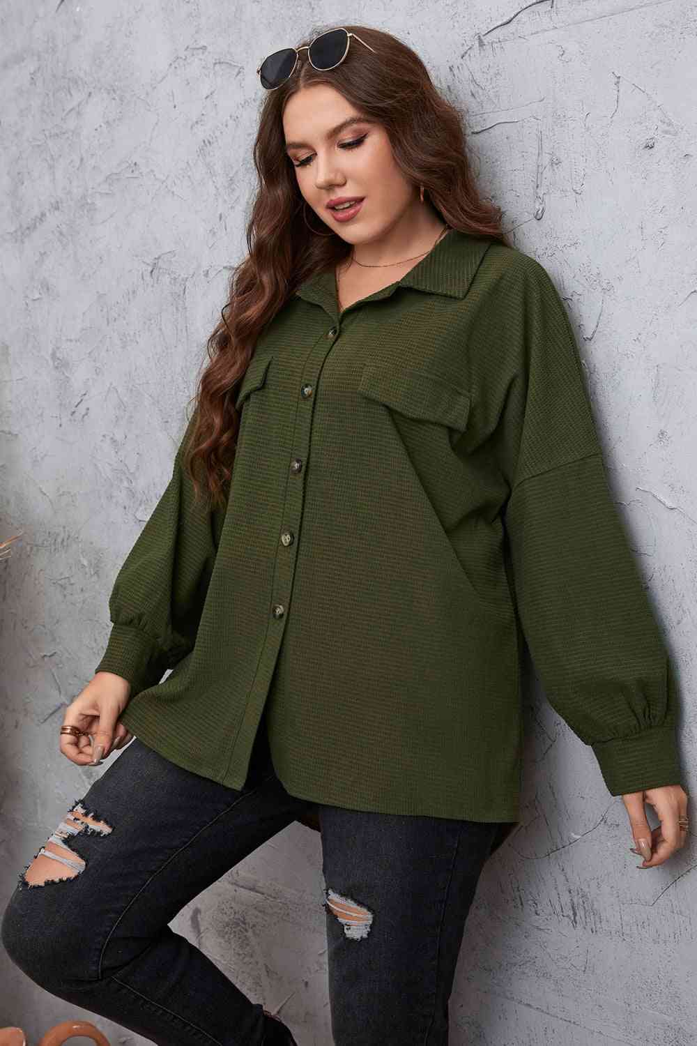 Melo Apparel Plus Size Dropped Shoulder Shirt Army Green