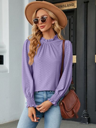 Frill Mock Neck Lantern Sleeve Blouse Lavender