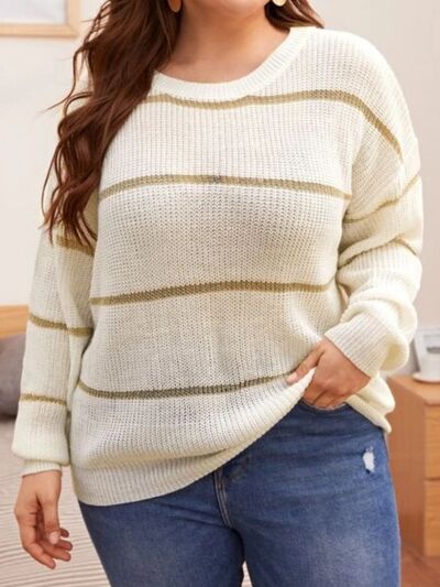 Plus Size Striped Dropped Shoulder Sweater Ivory