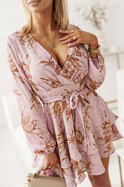 Printed Surplice Balloon Sleeve Mini Dress Lilac