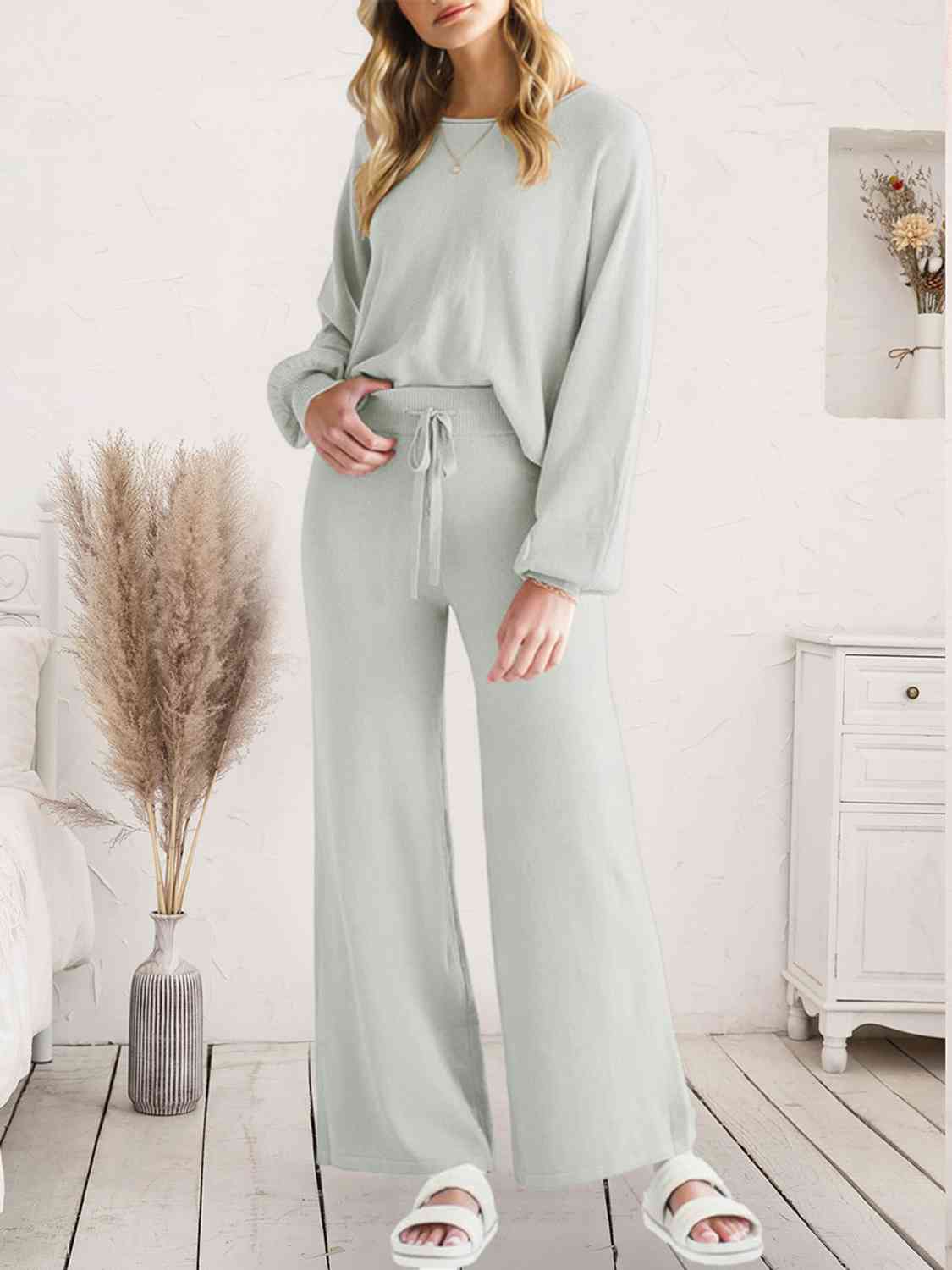 Long Sleeve Lounge Top and Drawstring Pants Set Light Gray