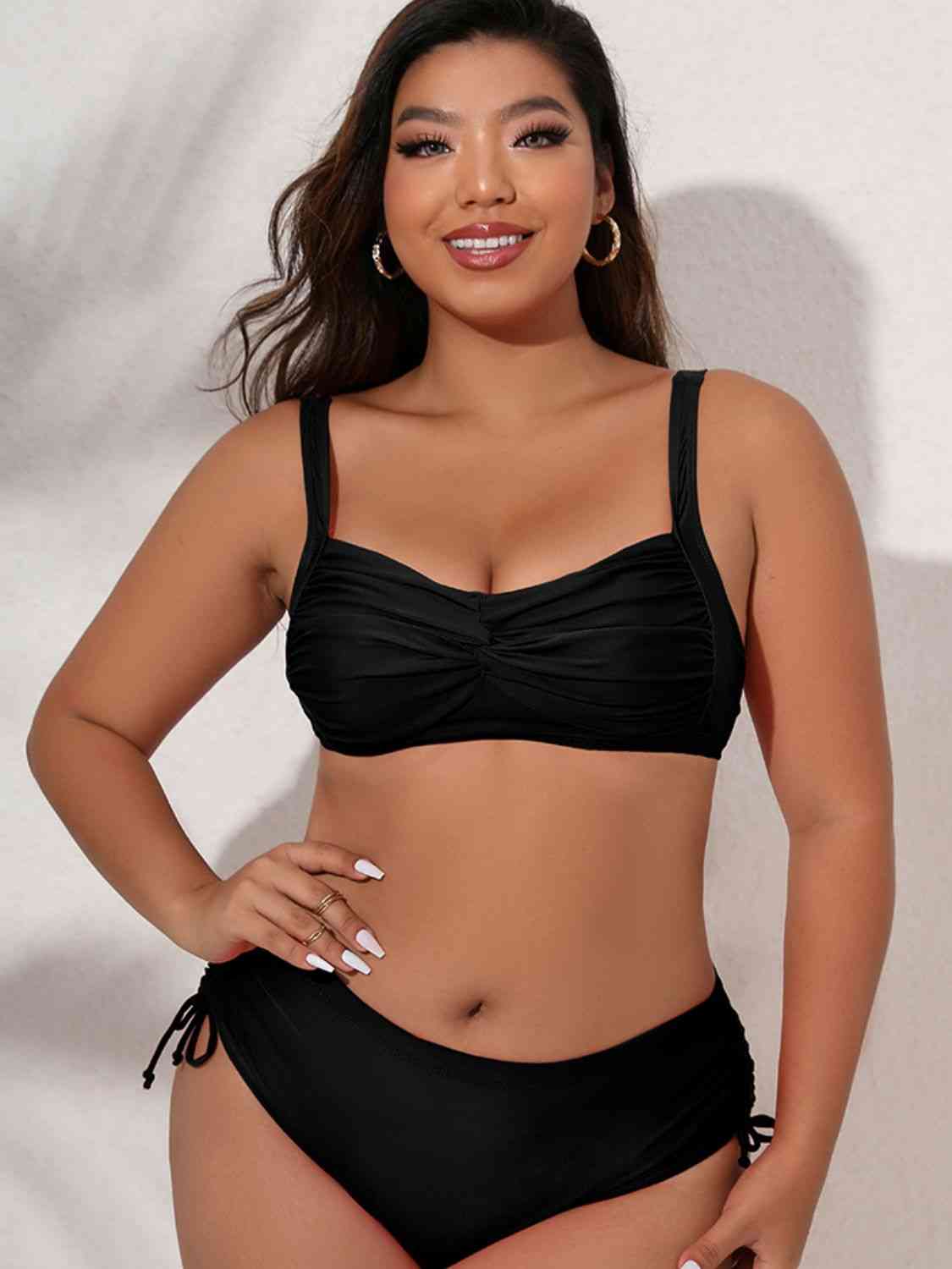 Plus Size Twist Front Tied Bikini Set Black