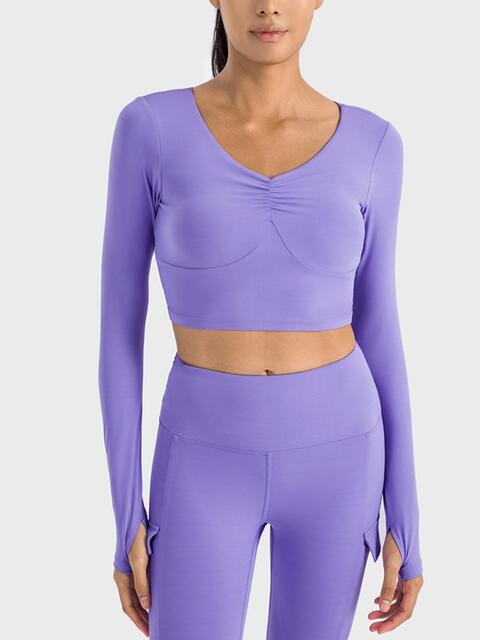 Ruched Cropped Long Sleeve Sports Top Light Indigo