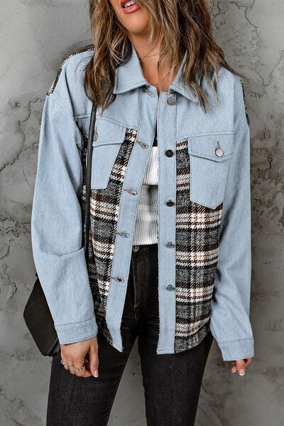 Plaid Pocketed Button Up Denim Jacket Misty Blue