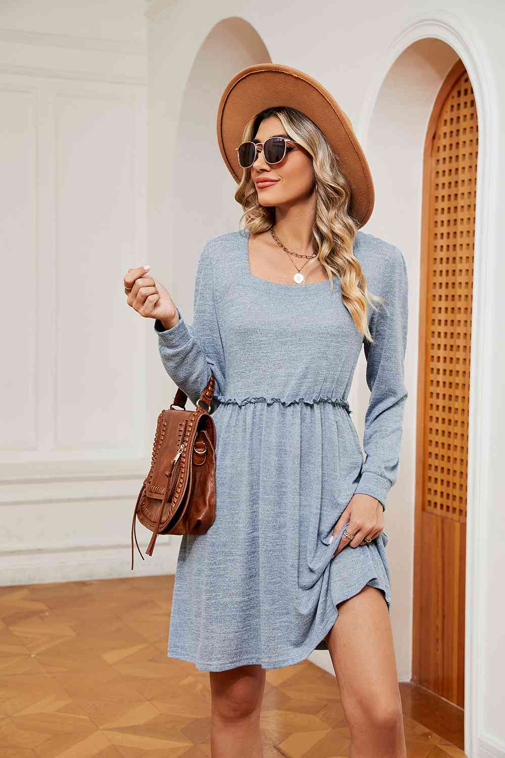 Square Neck Long Sleeve Dress Misty Blue