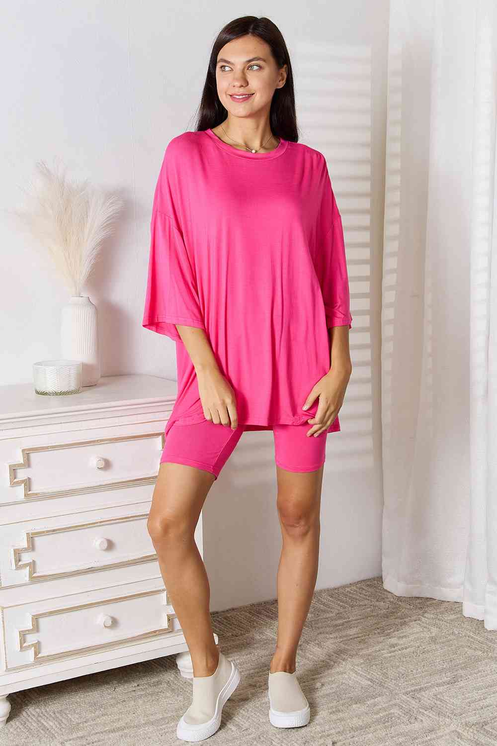 Basic Bae Full Size Soft Rayon Three-Quarter Sleeve Top and Shorts Set Hot Pink