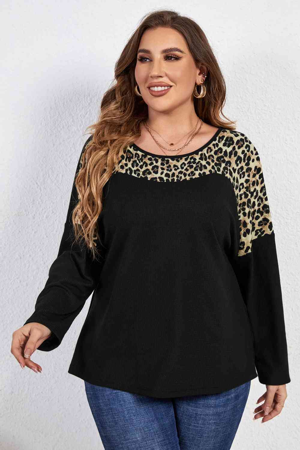 Melo Apparel Plus Size Leopard Trim Round Neck Long Sleeve Tee Black