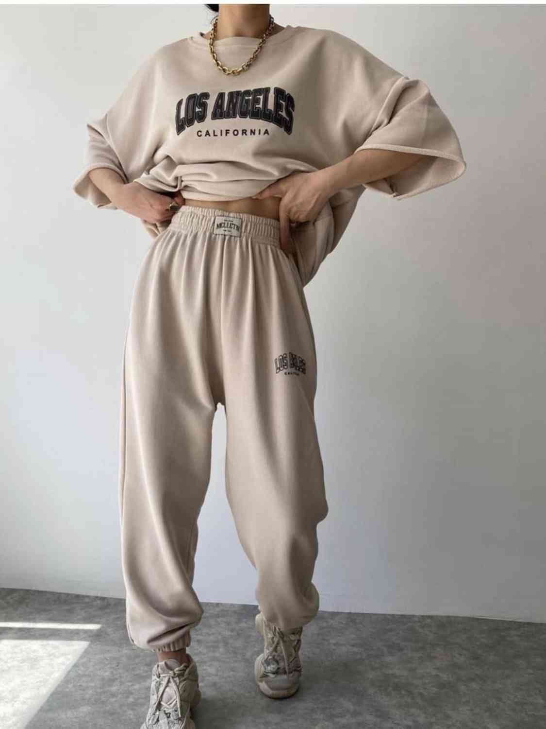 LOS ANGELES CALIFORNIA Graphic Sweatshirt and Sweatpants Set Beige