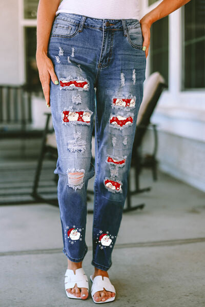 Santa Graphic Distressed Jeans with Pockets Medium