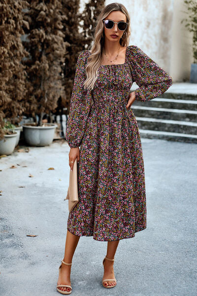 Printed Balloon Sleeve Pocketed Midi Dress Chestnut