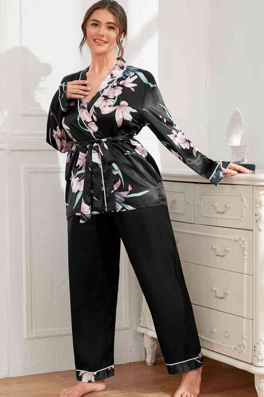 Plus Size Floral Belted Robe and Pants Pajama Set Black