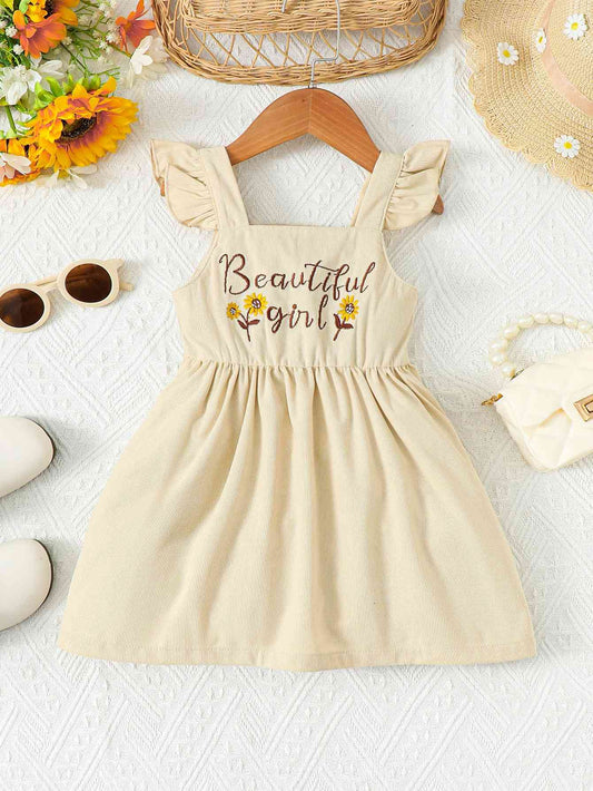 BEAUTIFUL GIRL Embroidered Graphic Square Neck Dress Pastel Yellow