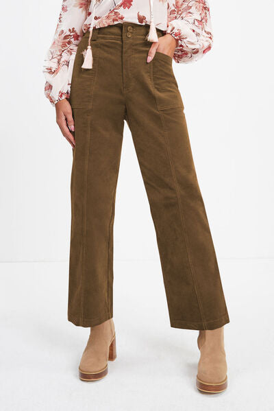 Pocketed Elastic Waist Straight Pants Camel