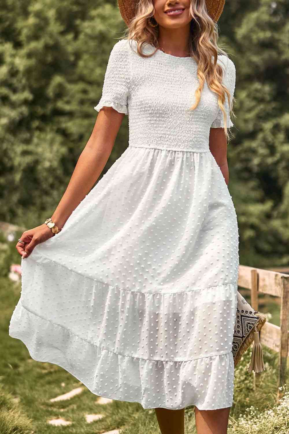 Swiss Dot Smocked Round Neck Short Sleeve Midi Dress White