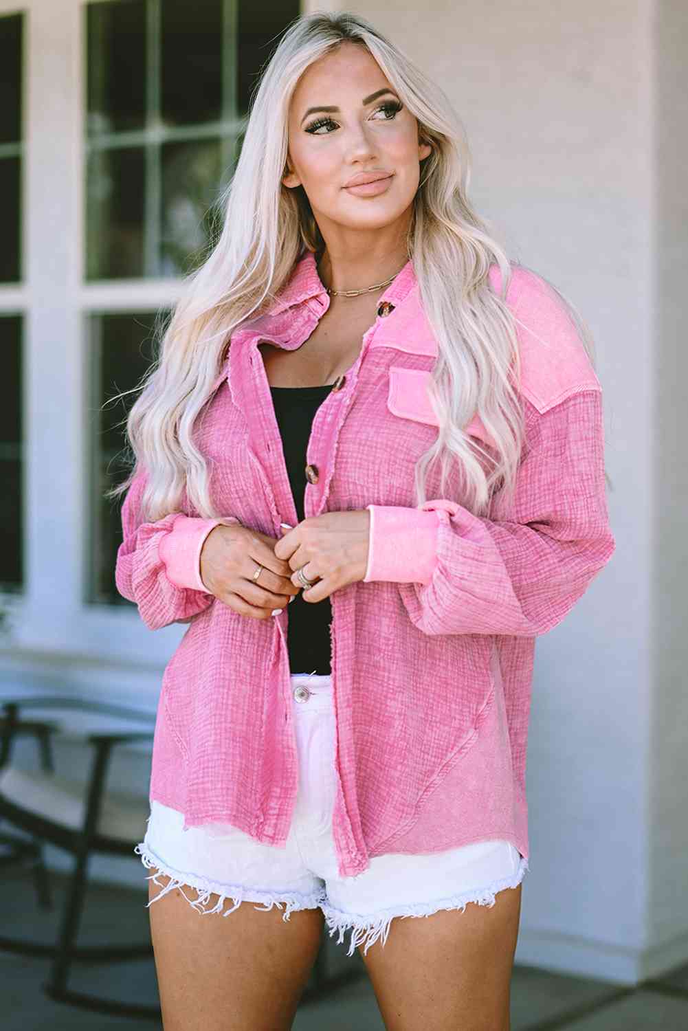 Button Down Collared Jacket Hot Pink