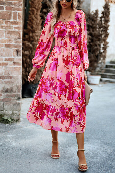 Printed Balloon Sleeve Pocketed Midi Dress