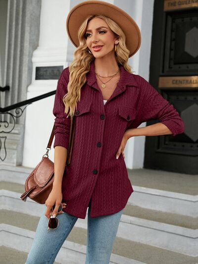 Textured Button Up Dropped Shoulder Shirt Wine