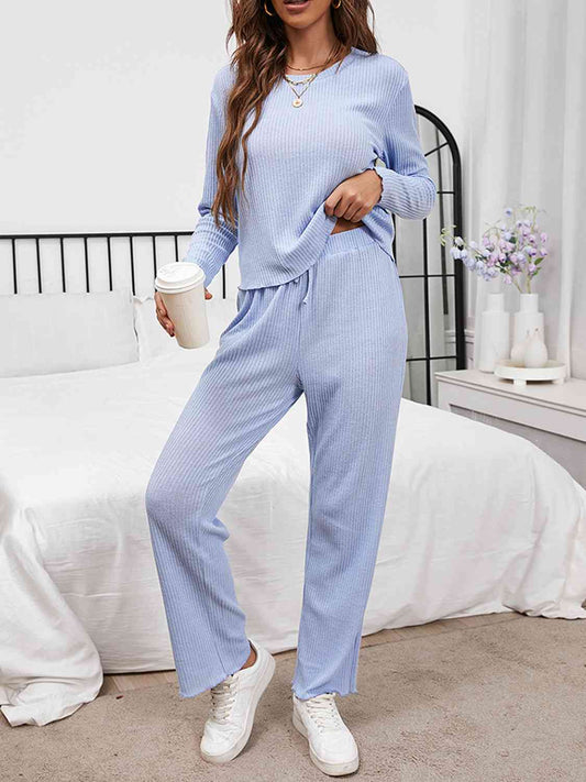 Round Neck Long Sleeve Top and Drawstring Pants Lounge Set Misty Blue