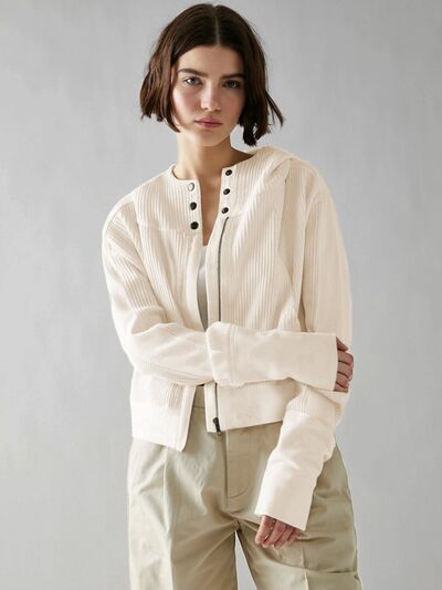 Waffle-Knit Dropped Shoulder Hooded Jacket Cream