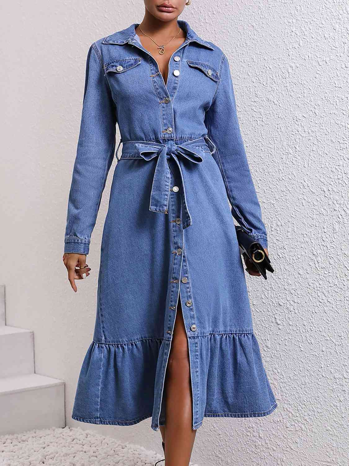 Collared Neck Button Down Denim Dress Dusty Blue