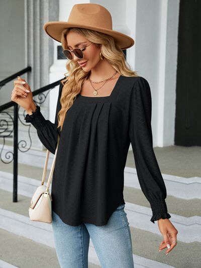 Ruched Square Neck Lantern Sleeve Blouse Black