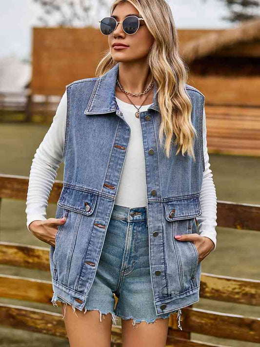 Sleeveless Denim Jacket with Pockets Misty Blue