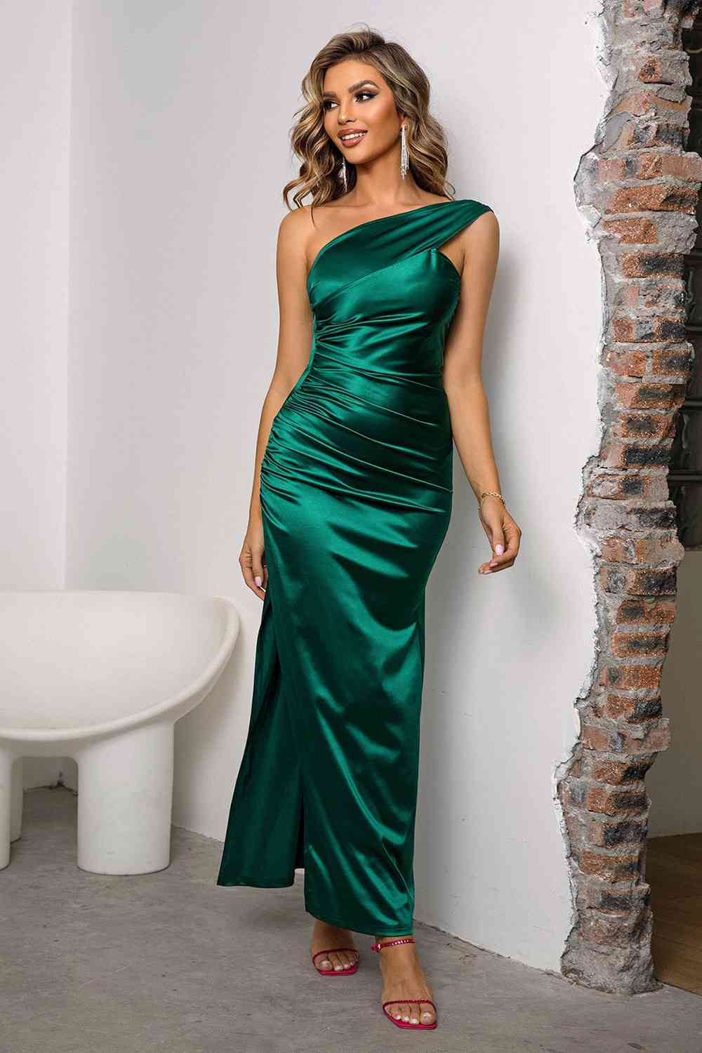 One-Shoulder Ruched Slit Maxi Dress Green