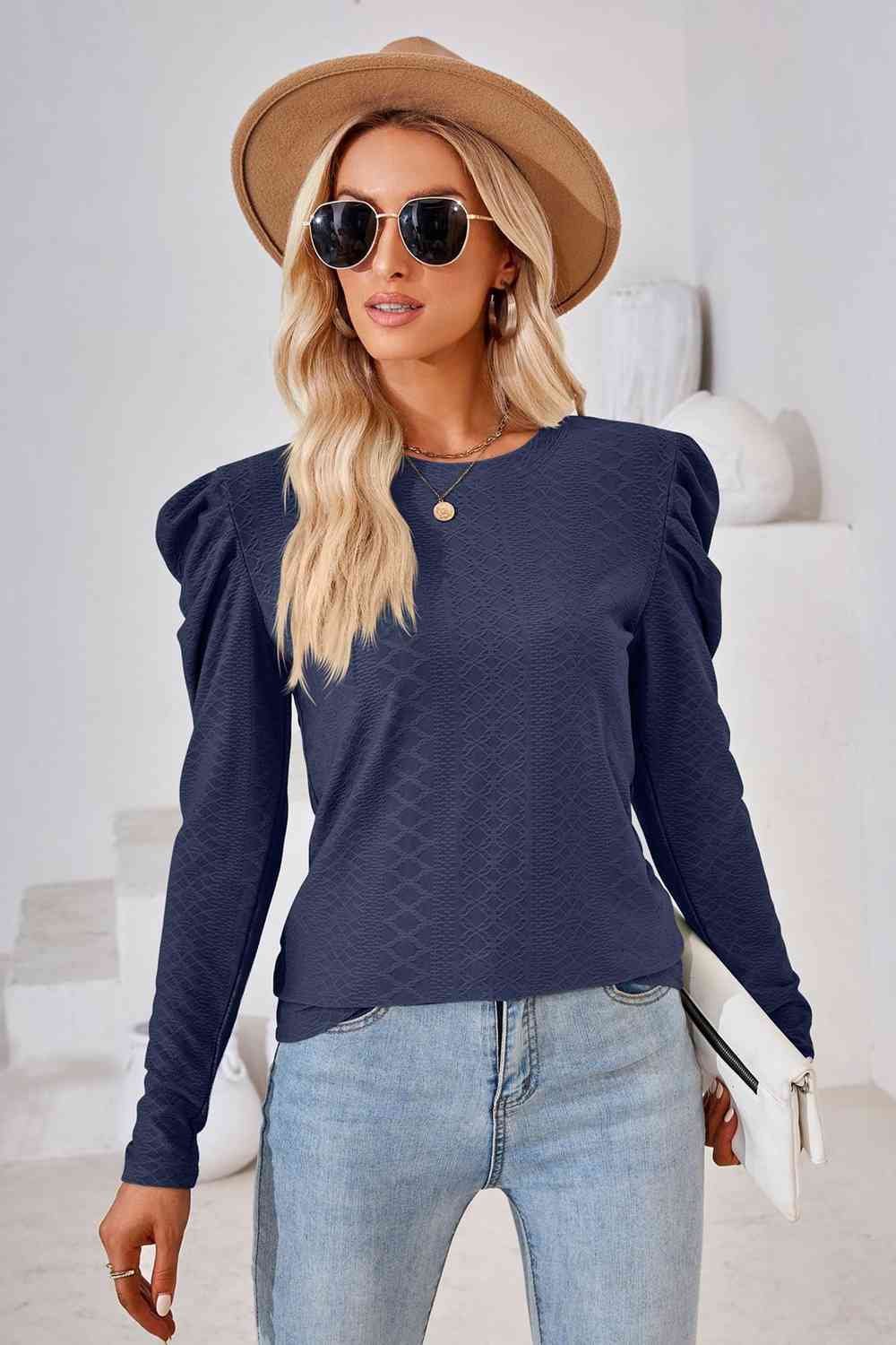 Round Neck Puff Sleeve Blouse Dark Navy