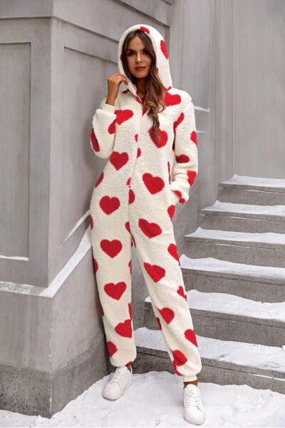 Fuzzy Heart Zip Up Hooded Lounge Jumpsuit Deep Red