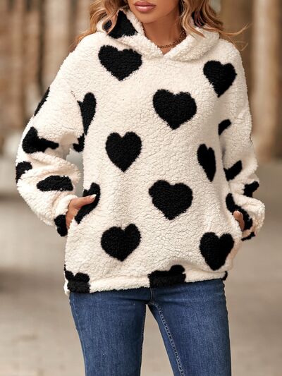 Fuzzy Heart Pocketed Dropped Shoulder Hoodie Black