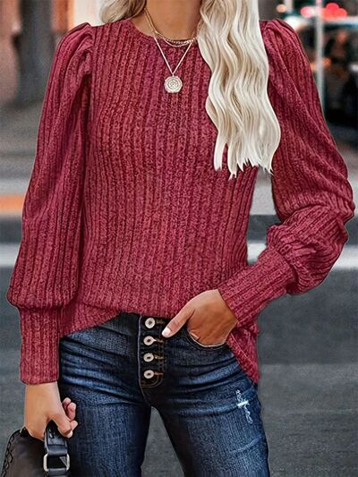 Ribbed Round Neck Lantern Sleeve Blouse Wine