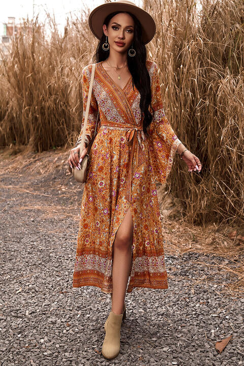 Bohemian Surplice Neck Slit Dress Pumpkin