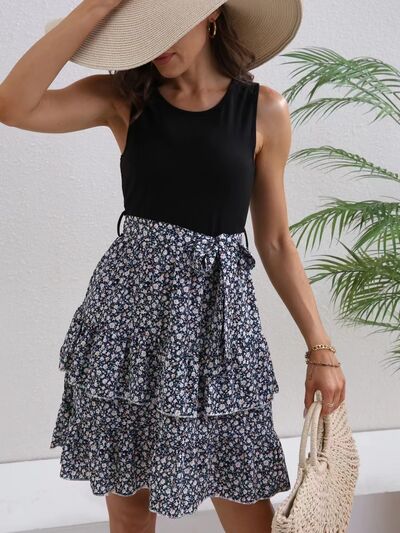 Printed Ruffled Round Neck Layered Dress