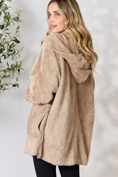 H&T Faux Fur Open Front Hooded Jacket