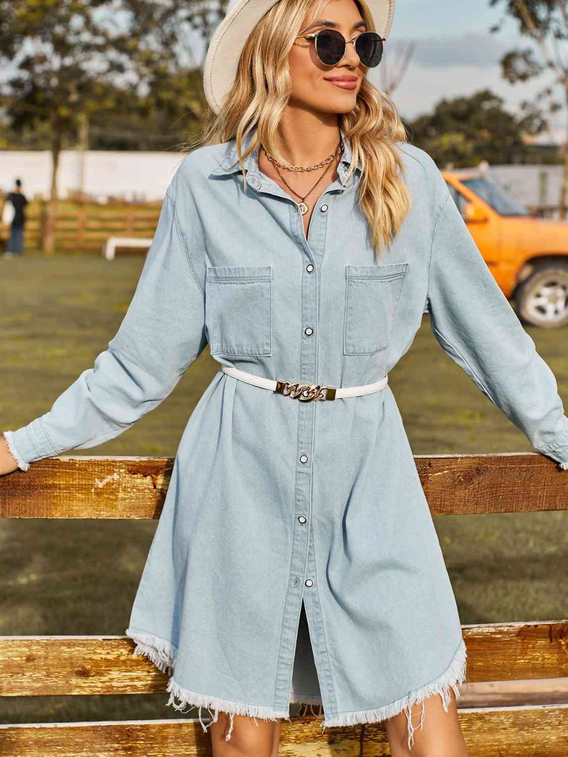 Button Up Collared Neck Raw Hem Denim Dress Light