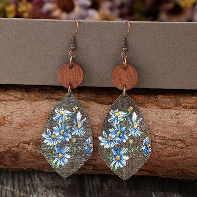 Flower Geometrical Shape Wooden Earrings Misty Blue One Size