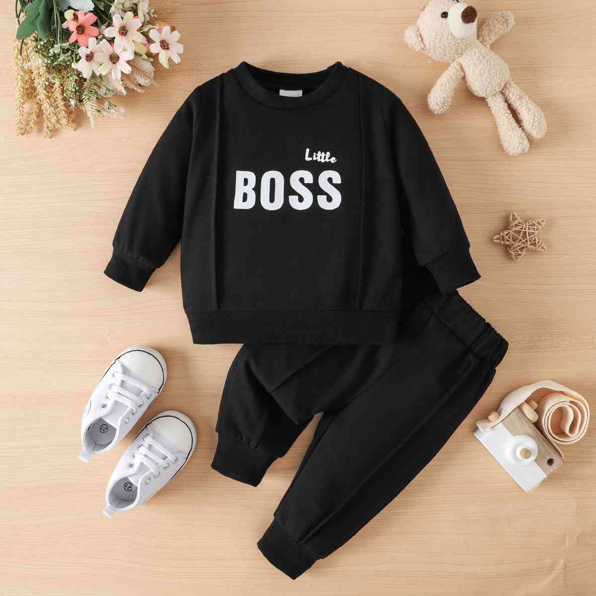 LITTLE BOSS Round Neck Long Sleeve Tee and Pants Set Black