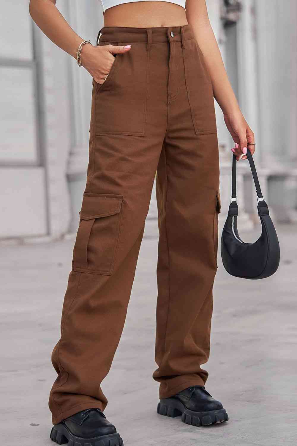Baeful Long Straight Leg Jeans with Pockets Chestnut
