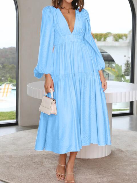 Deep V-Neck Balloon Sleeve Plain Maxi Dress Pastel Blue