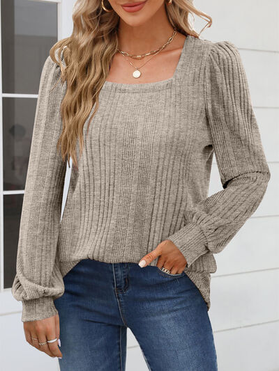 Square Neck Long Sleeve Blouse Khaki