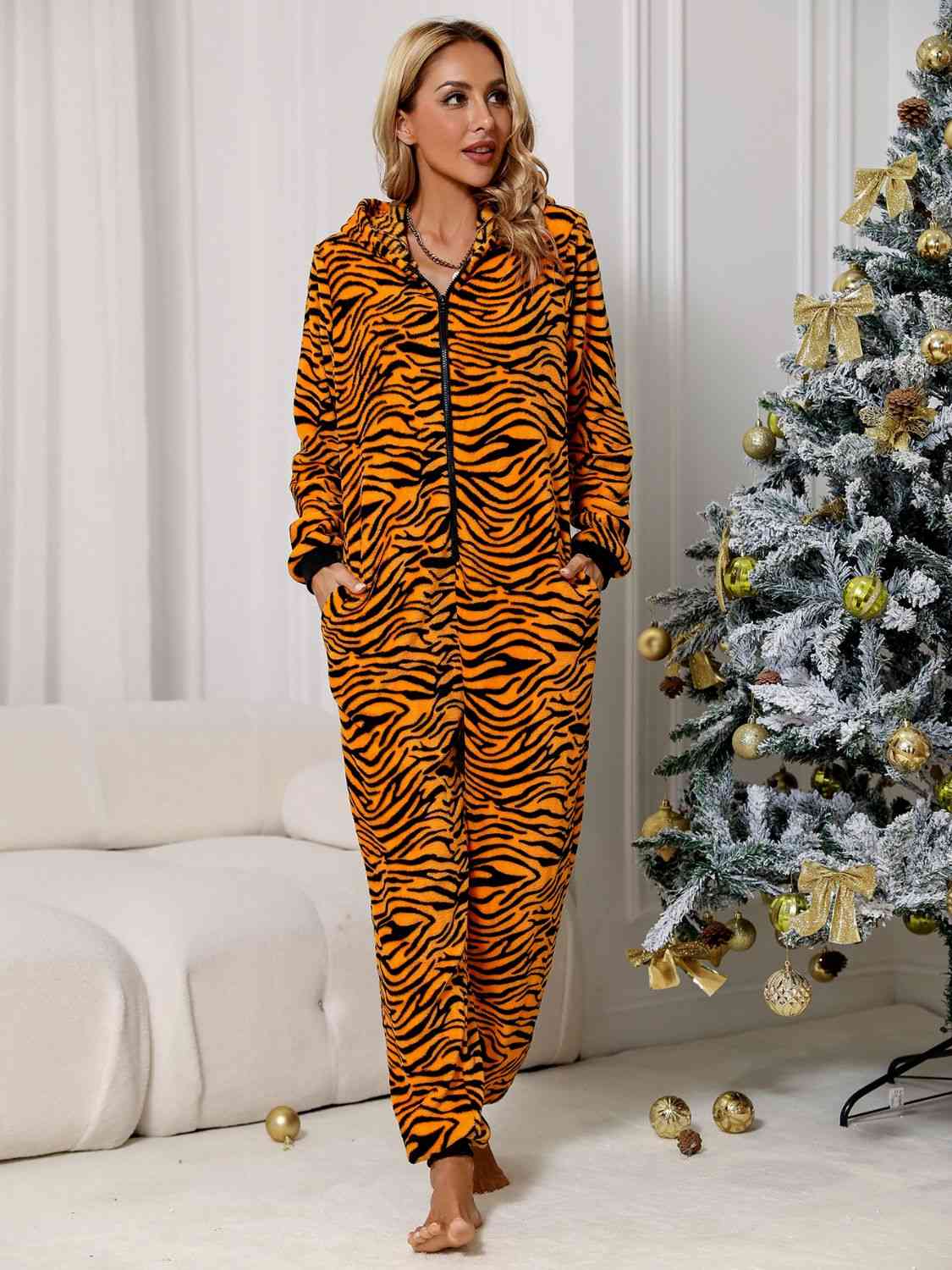 Animal Print Zip Front Lounge Jumpsuit with Pockets Zebra