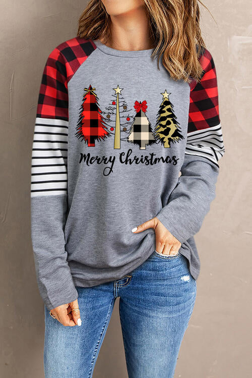 MERRY CHRISTMAS Graphic Round Neck Long Sleeve T-Shirt Charcoal