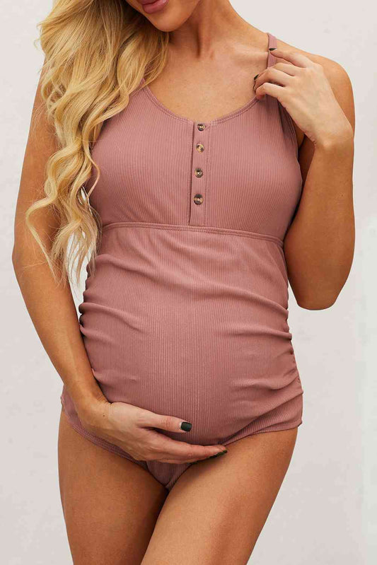 Ribbed Spaghetti Strap One-Piece Maternity Swimsuit Pink