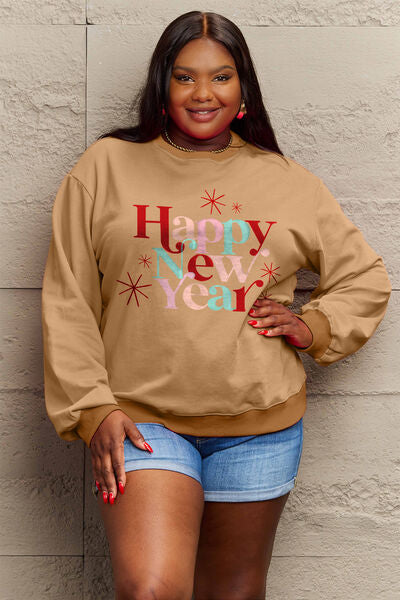 Simply Love Full Size HAPPY NEW YEAR Round Neck Sweatshirt Camel