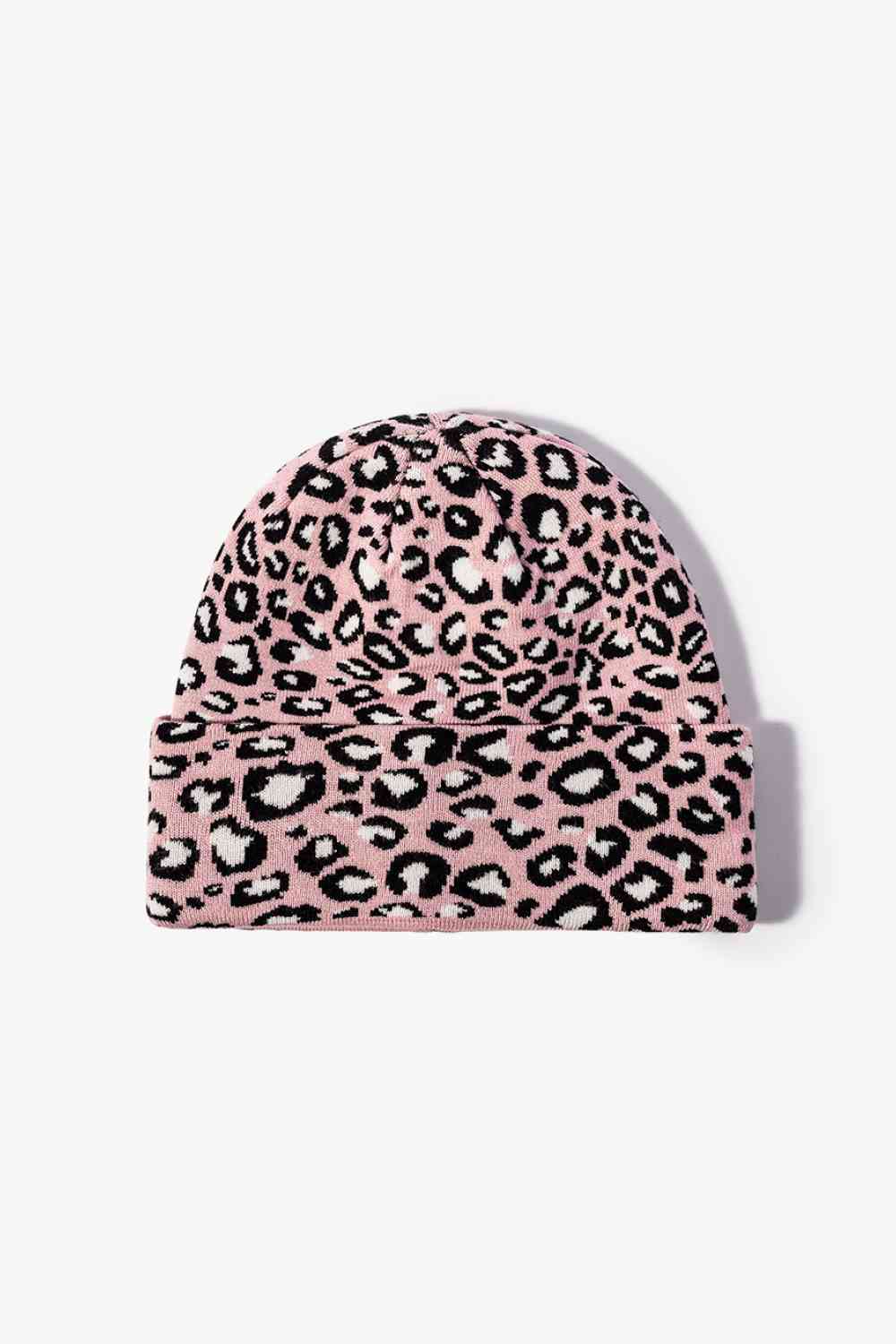 Leopard Pattern Cuffed Beanie Pink One Size