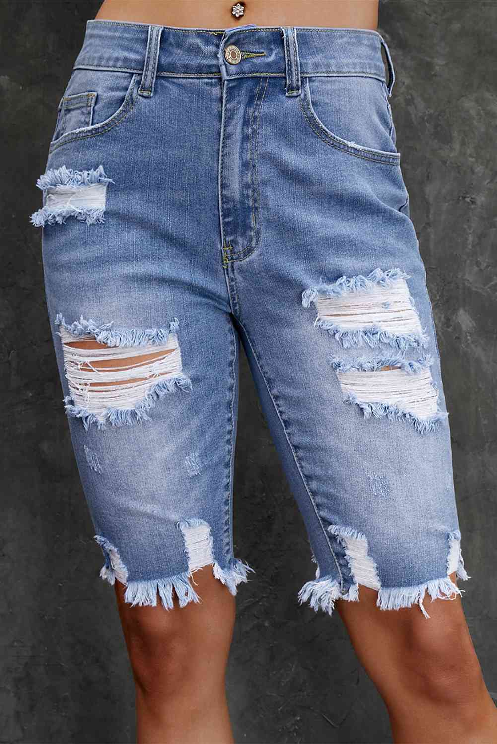 Distressed Frayed Hem Denim Bermuda Shorts Light