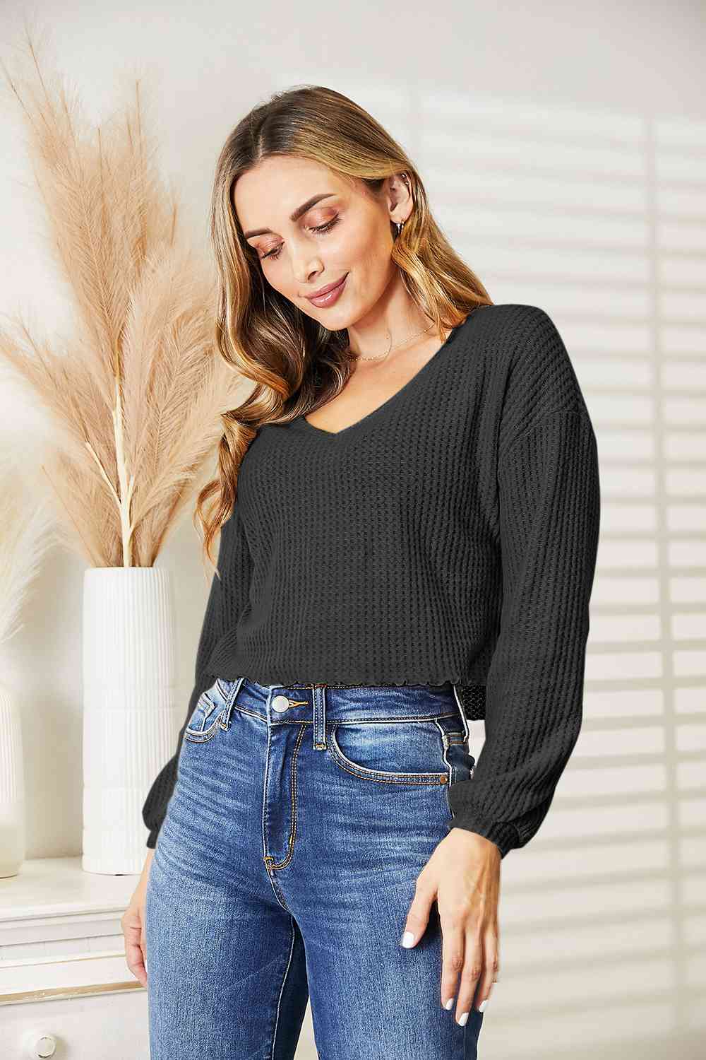 Full Size Waffle-Knit V-Neck Blouse Black