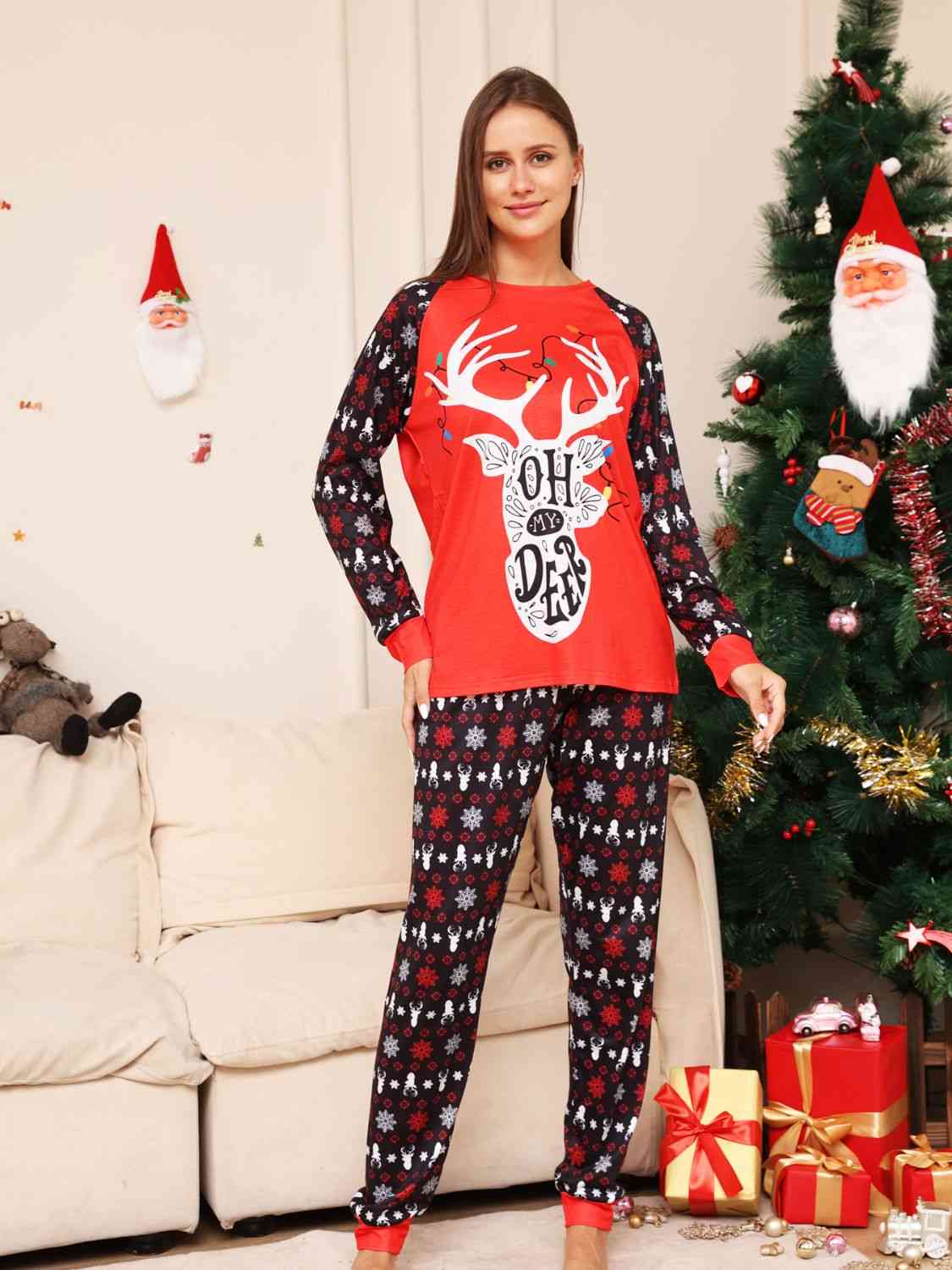 Full Size Reindeer Graphic Top and Pants Set Red